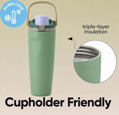 Image of HomeCloud 900ML Stainless Steel Water Bottle - Double-Wall Vacuum Insulated, Leakproof Straw Lid, BPA-Free Reusable Travel Flask with Two-Way Spout for Gym, Office & Outdoor Use (Green Grey)