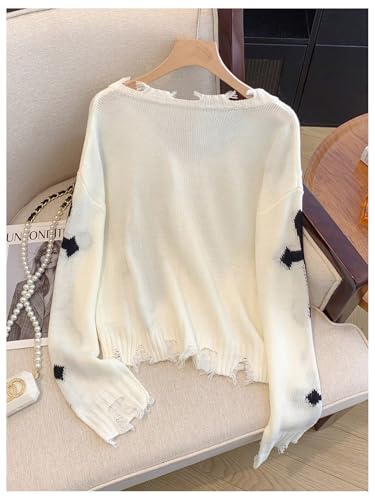 WDIRARA Women's Gothic Cross Graphic V Neck Sweater Distressed Raw Hem Pullover Y2k Going Out Knit Top2
