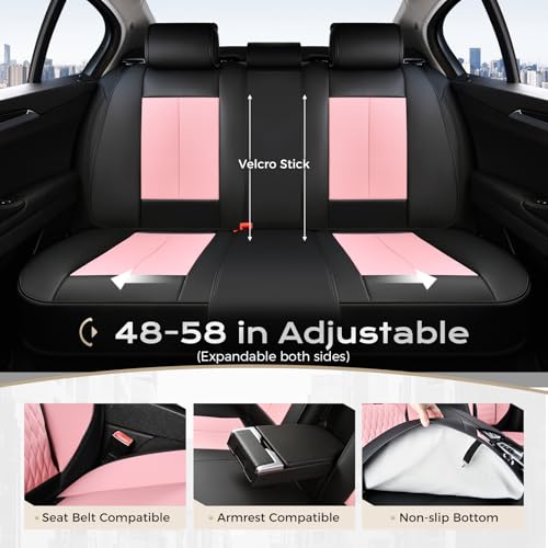 Image of Coverado Leather Seat Cover Full Set, Waterproof Car Seat Covers with Lumbar Support, Front and Rear Seat Covers for Car, Universal Car Seat Protectors Car Seat Cushion Fit for Most Cars (Black&Pink)