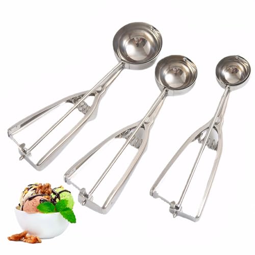 LGXEnzhuo Ice Cream Scoops Kit, Sets of 3, Stainless Steel Cookie Scoops, 1.6/2/2.4 inches Diameter, for Kitchen Cooking, Baking, Muffins