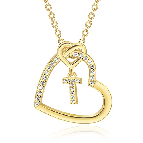 Generic Heart Initial Necklace for Women,14K Gold Plated Initial Necklace,Sterling Silver Initial Pendant Necklace,Cubic Zirconia Initial Necklace,Adjustable Letter Charm Necklace for Girls,Jan-NL-T