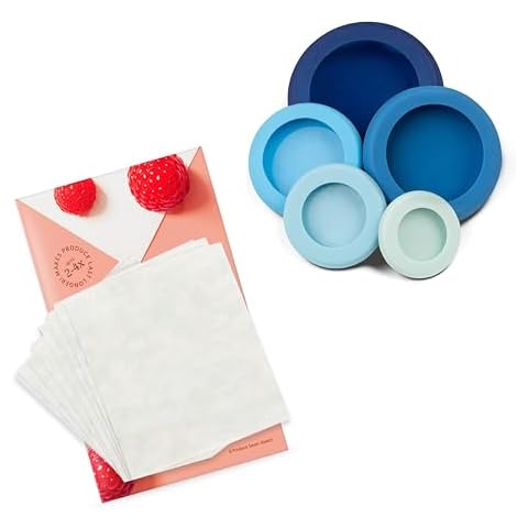 MightyNest 5 Piece Silicone Food Storage Set and Fresh Paper Wrap Sheets | Airtight Seal Replaces Plastic Wrap | Prevents Food Waste | Blue Cover