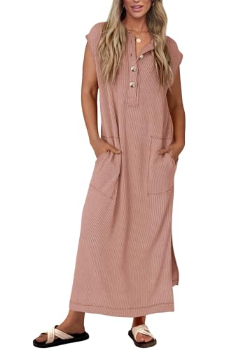 KIRUNDO Womens Summer Dresses 2026 Spring Ribbed Knit Henley Short Sleeve Maxi Dress Button Up Loose Beach Vacation Sundress(Light Brown, Large)