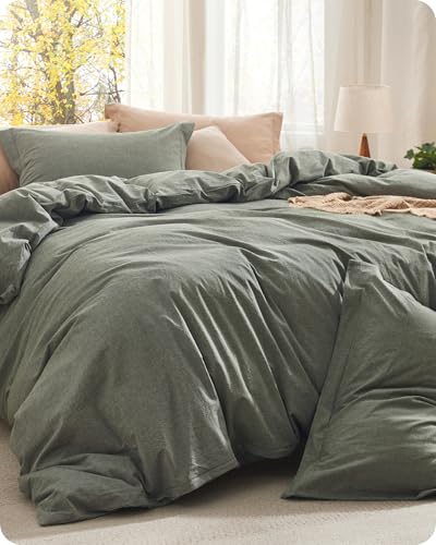 Image of Bedsure Comforter Set Queen Size Grayish Olive Green - Cotton Fabric with Microfiber Inner Fill, PureWoven Comforter Set for All Seasons, 3 Pieces, 1 Comforter (90 inchx90 inch) and 2 Pillow Cases (20 inchx26 inch)