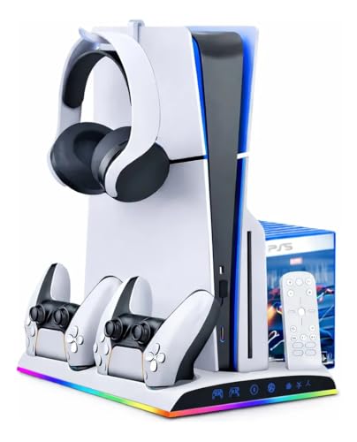 Base Cooler para PS5 Slim e PS5 Fat – Cooler com 2 Ventoinhas, Carregador Duplo para Controles DualSense, Iluminação RGB, Suporte para Headset e 3 Portas USB (Branco)