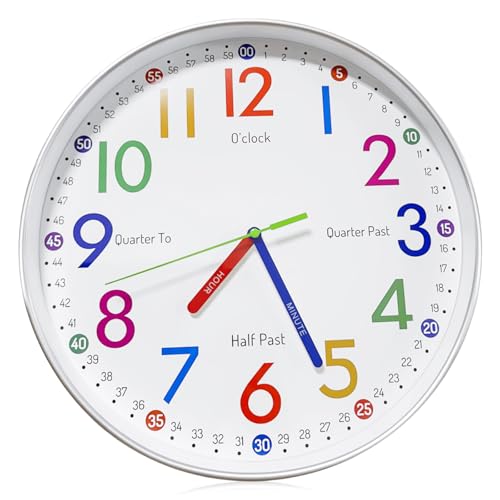 GBKDQQ Orologio da parete per bambini, senza ticchettio, 30 cm, orologio da parete per bambini, silenzioso, con numeri colorati, per ragazze e ragazzi