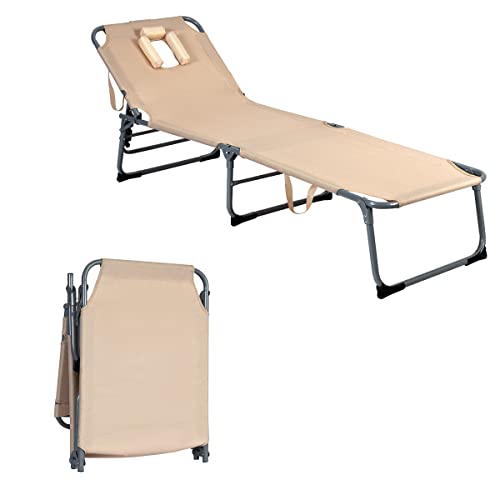 Giantex Outdoor Folding Chaise Lounge Chair, Adjustable Camping Recliner Chair With Face Hole, Removable Pillow, Sunbathing Headrest And Tray, Foldable Beach Bed Cot For Backyard Patio Pool (Beige) #TOP25