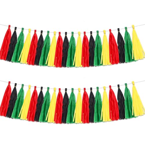 Image of Black Red Green and Yellow Tassel Garland Banner Paper Tassels for Black History Party Decoration,Pack of 20