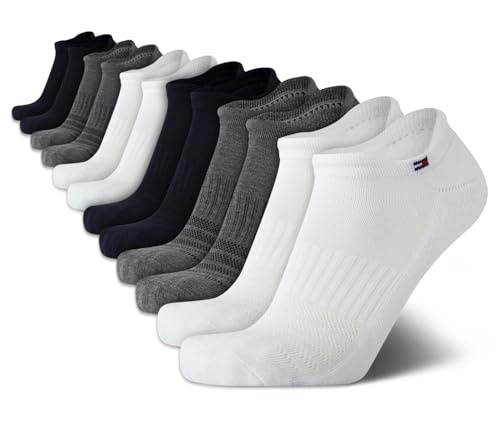 Tommy Hilfiger Men's Socks - 12 Pack Cushion Comfort Athletic Low Cut No Show - Ankle Socks for Men (Shoe Size 7-12), Size 7-12, White Grey Assorted