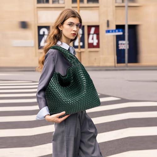 Image of JINMANXUE Woven Tote Bag for Women, Fashion Hobo Handbag, Travel Top-handle Shoulder Bag, Beach Underarm Bag with Purse
