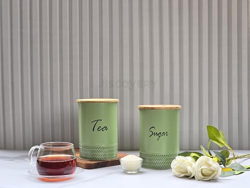 Image of JISCOVERY Airtight Tea & Sugar Container Set of 2| Metal Storage Canister with Wooden Lid for Kitchen| Storage Box for Kitchen Counter Top| 1300 ML| Green