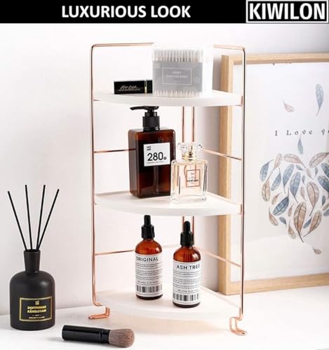 Image of Kitchen Organizer Rack | Corner Shelf For Kitchen | Bathroom Organiser Stand With 3-Tier Metal Frame For Storage & Display (RoseGold-3Tier-Triangle)