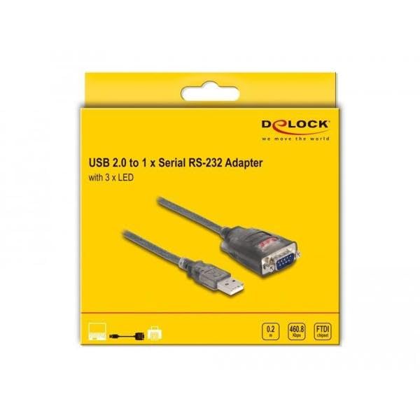 DeLOCK Adaptateur USB 2.0 Type A vers 1 x Serial RS-232 D-Sub 9 Broches mâle avec écrous et 3 LED 0,2 m Marque