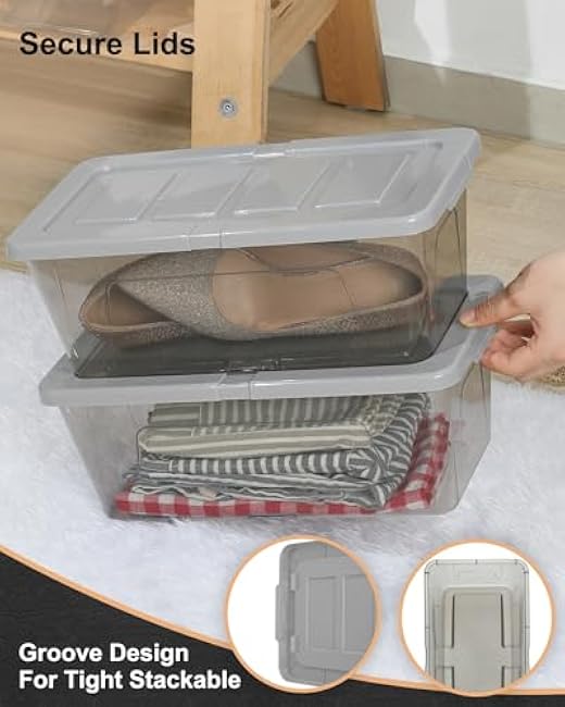 12 Packs Clear Storage Bins with Lids Stackable Shoe Boxes Storage Box with Lids For Organization, Clear Plastic Storage Containers For Closet Home Office, Smoky Grey