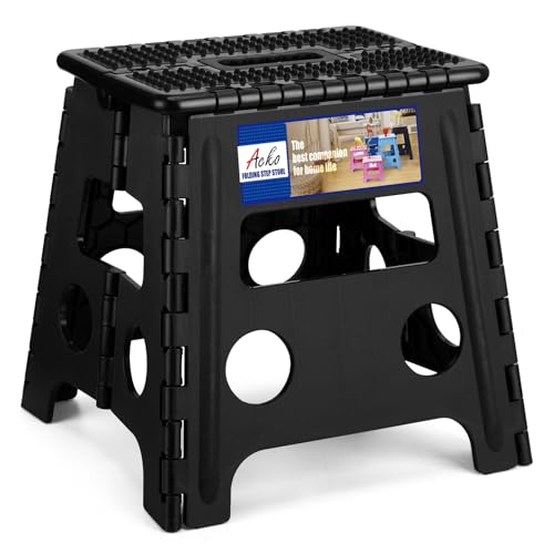 Image of ACKO Folding Step Stool 13 inch Height Premium Heavy Duty Foldable Step Stools for Adults and Kids, Kitchen Plastic Small Collapsible Stepping Stool Hold Up to 300 LB Dot Black (1 Pack)