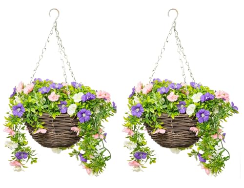 Image of Primrose Premium Large Artificial Outdoor Hanging Baskets with Flowers (White, Purple & Pink Petunia, Set of 2)