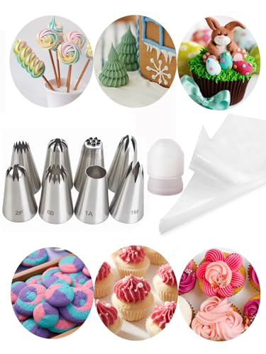 Large Piping Bags and Tips with Coupler, 1M, 2D, 2F, 4B, 6B, 234, D66, 1A Piping Tips Set, Large Icing Coupler and Disposable Frosting Bags for Effortless Floral, Star, Swirl, and Churros Creations