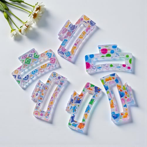 Image of Cerrito Hair Claw Clips for Women & Girls - Strong Plastic Rectangle Hair Clutcher with NonSlip Grip for Thick & Thin Hair, Everyday Hair Accessories for Hairstyling (6 Pcs Mix Printed Claw)