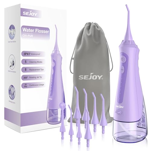 Sejoy Water Flossers, Water flosser for Teeth Cleaning, Water Flosser for Teeth Rechargeable Cordless, Electric Portable, 5 Cleaning Modes 8 Jet Tips, IPX7 Waterproof, 230ml, for Travel and Home