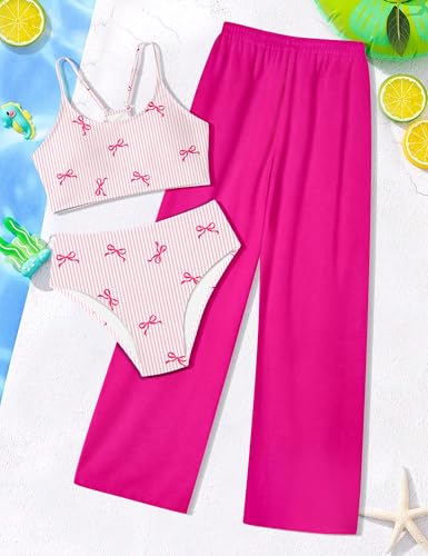 Image of NECIOUS Girls Swimsuit, 3 Piece Bikini Bathing Suit Tropical Floral Swimwear with Cover Up Pants 7-16Y