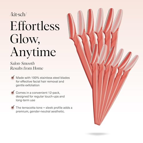Kitsch Dermaplane Razor for Women Face – Face Razors for Women & Men, Eyebrow Trimmer & Face Shaver – Exfoliating Facial Razor & Skin Care Tool for Smoother Skin - Coral, 12 pcs