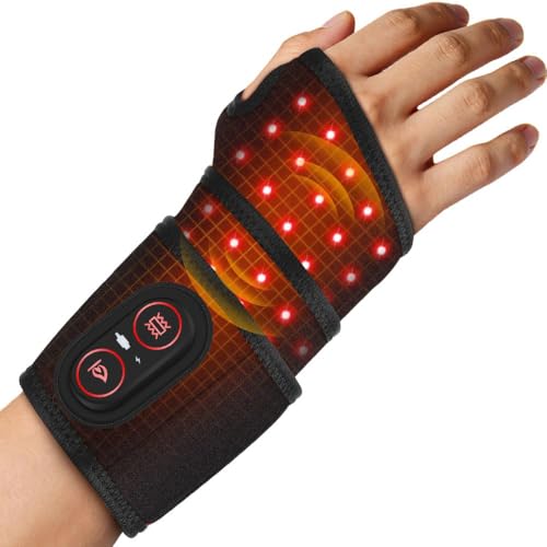 Red Light Therapy for Wrist Carpal Tunnel Support Device with Heat Vibration Wrist Massager with 36 LED 660nm Cordless Heating Pad Wrap 3000mAh Rechargeable for Hand Comfort Daily Relaxation.