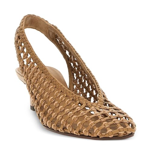 Women's Woven Slingback Pumps Kitten Heel Fishnet Round Toe Sandals Brown Weave Breathable Dress Sandals For Office Wedding3