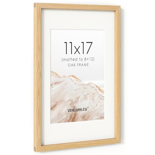 Image of 11x17 Picture Frame, USA-Sourced Natural Oak Wood Photo Collage Frame with HD Tempered Glass, Modern Simple 11x17 Wooden Frame Matted to 8 x 12, Vertical & Horizontal Wall Hanging Display