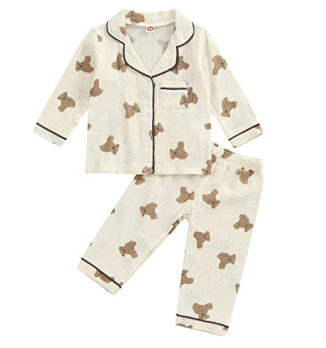 Qiylii Toddler Baby Girl Cotton Linen Button-up Pajamas Bear Print Long Sleeve Kid Sleepwear PJs Set