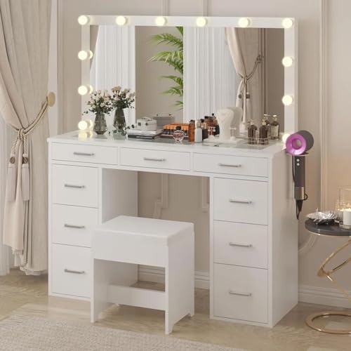 AICOO 48" Vanity Desk with Mirror, 12 LED Lights, & 9 Drawers