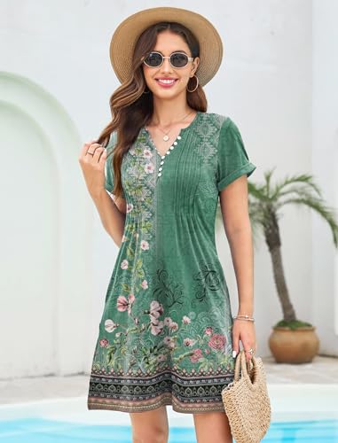 Image of Soesdemo Short Sleeve Dress for Women Bohemian V Neck Button Down Pleated Casual Flower Womens Dresses with Pockets