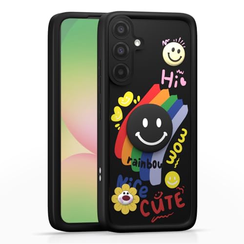 Image of Pikkme Back Cover for Samsung Galaxy A56 5G | Soft Silicone| Cute Rainbow Smile & 3D Cartoon Flower Design | Shockproof Raised Camera Protection Bumper Case (Black)
