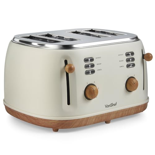 VonShef 4 Slice Toaster - Nordic Cream Design, 6 Browning Settings, Wide Slots, Defrost, Reheat and Cancel Functions, Removable Crumb Tray, High Lift Lever & Cord Storage - Fika Range