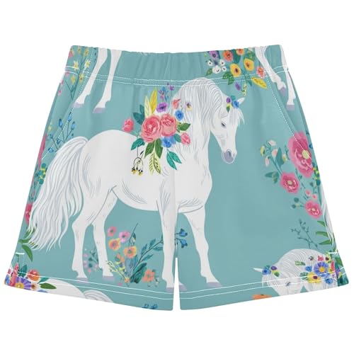 Girls Lounge Shorts White Horses Floral Turquoise Athletic Youth Kids Summer Clothes Custom Pajama Shorts, X-Small