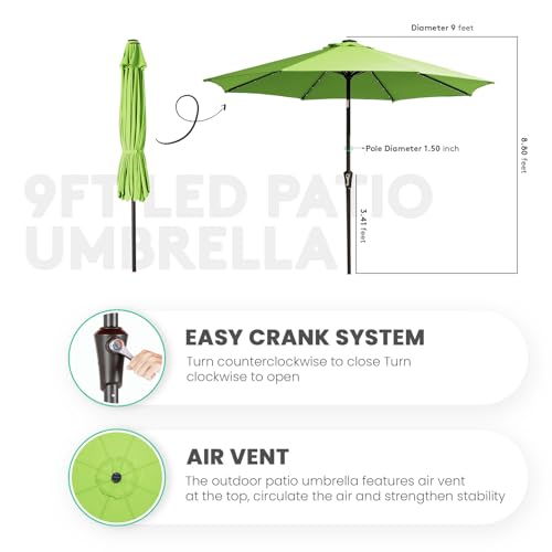 Image of JEAREY 9FT Outdoor Patio Umbrella with Solar Lights, LED Lighted Pool Umbrella with Tilt and Crank, Outdoor Table Umbrellas for Deck, Yard & Market (Grass Green)