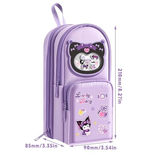 Image of Parshya Cute Kawaii Pencil Pouch for Girls Aesthetic, Canvas Pencil Case with 6 Layers & 12 Pockets, Cartoon Pencil Box for Kids, School Stationery Organizer Pouch for Girls & Boys (Purple)