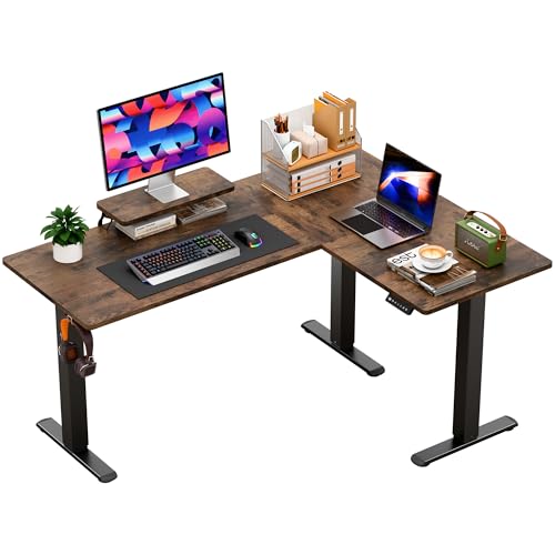 Image of Furmax 63 x 47 Inch L Shaped Standing Desk with 2 Preset Heights, Electric Height Adjustable Computer Desk, Corner Sit Stand Desk for Home Office, 2 Hooks & Feet Balance (Rustic Brown, 63 x 47 Inch)
