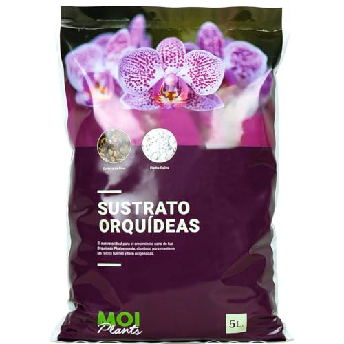 MOIPLANTS Sustrato Orquídea 5 litros Fórmula Exclusiva con una Mezcla de Corteza de Pino seleccionada y Piedra caliza diseñada para almacenar nutrientes.