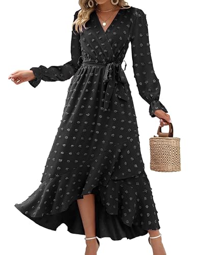 IFFEI Damen Casual Lang Langarm Herbst Sleeve Rüschen Rückenfreies Boho Strandkleid Trendy Lang Kleid Black S