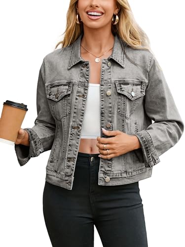 Image of Glamaker Womens Jean Jacket 2026 Basic Trendy Long Sleeve Denim Jackets Button Down Fitted Western Coat with Pockets