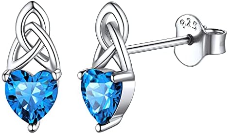 925 Sterling Silver Celtic Knot Heart Birthstone Stud Earrings For Women Fits Sensitive Ears Simulated Birthstone Jewelry(Gift Wrapped)