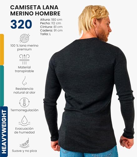 Merino.tech Camiseta Lana Merino Hombre - Deportiva Ropa Térmica 100% Lana Merino Ligero, Medio, Pesado con Calcetines (XXX-Large, 320 Charcoal Grey) - imagen 2