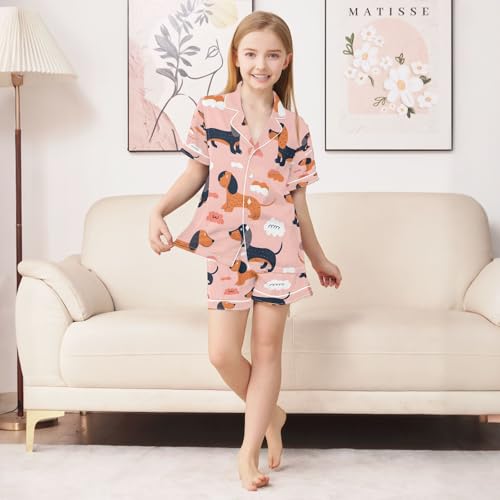 senya Pajama Sets Silky Button Down Nightwear Sleepwear Size 5-14 Years Cute Seamless Pattern with Dogs3