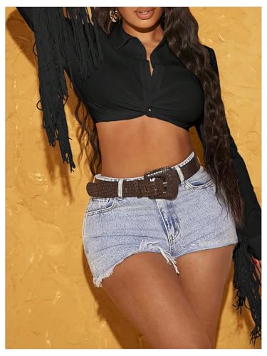 SOLY HUX Women's Fringe Trim Long Sleeve Blouse Button Down Twist Crop Tops Western Cowgirl Outfit Clubwear2