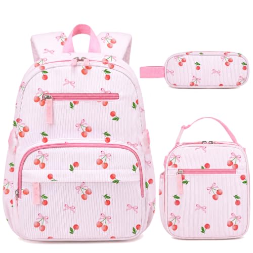 Similove Corduroy Toddler Backpack for Kids 5-8 Kids backpack for Boys Girls with Lunch Box & Pencil Case - 15inch Kids Bookbag for School Preschool Kindergarten Daycare Daypack(Pink Cherry)
