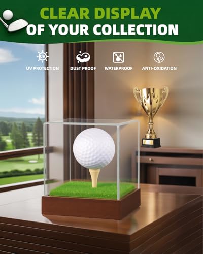 Image of Fitense Golf Ball Display Case - Clear Acrylic Cube with Solid Wood Base & Tee, Anti-Dust Transparent Holder for Single Golf Ball, Ideal for Collectibles, Souvenirs & Gifts, Display Special Golf Balls