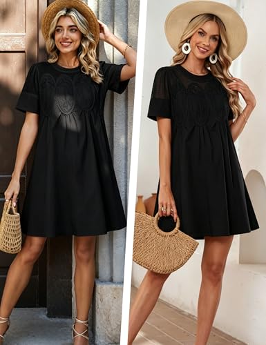 Image of Shiyifa Womens Babydoll Lace Patchwork Dresses Summer Short Sleeve Ruffle Sundress Loose Crew Neck A-Line Dresses