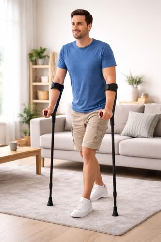 Image of 4-Leg Medical Walking Aid for Old People Adjustable Height Heavy Duty Lightweight Walking Stick for Senior Citizen & Patients Anti-Slip Base High Mild Steel (Black Elbow Crutch)