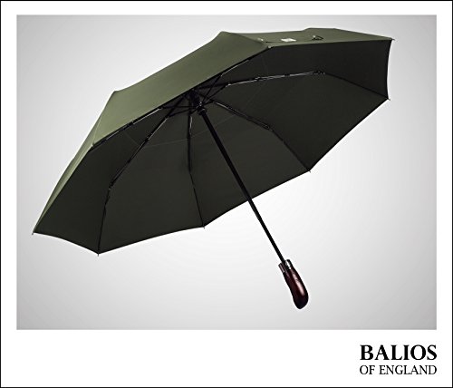 Balios® Prestige Travel Umbrella, Real Wood Handle, Auto Open & Close, Vented Windproof Double Canopy, Designed In Uk (Olive Green With Real Wood Handle) #TOP6