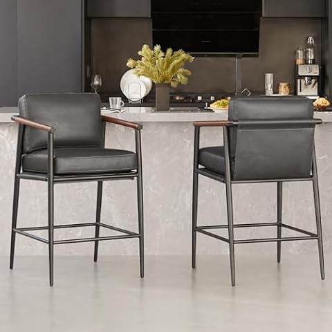 Watson & Whitely Mid Century Modern Barstools Set of 2, 26" H Upholstered Counter Height Bar Stools with Wood Armrests and Metal Legs, Faux Leather in Grey Cover